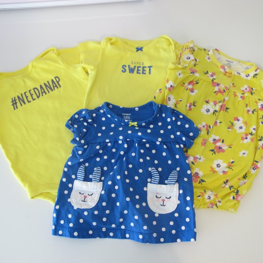 Bundle of 4 Toddler Girl Carter's Onesies Shirts Size 12 months GUC - Picture 1 of 6